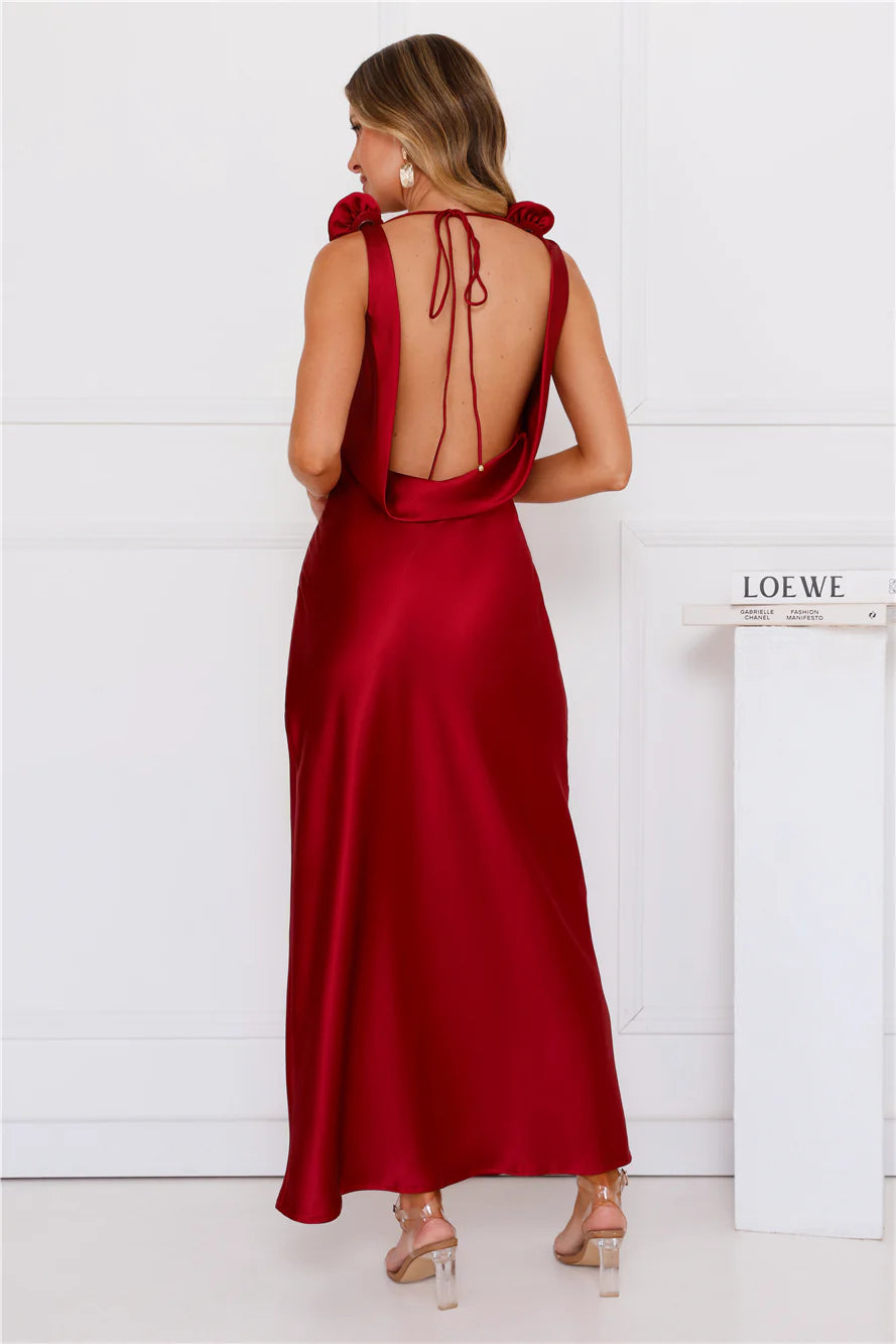 Burgundy 3D Flower Applique Cowl Neck Backless Satin Midi Evening Dresses