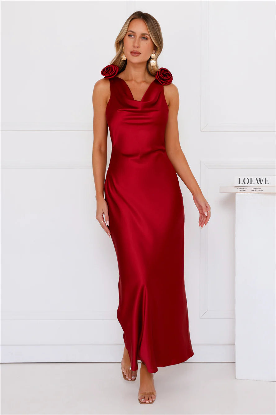Burgundy 3D Flower Applique Cowl Neck Backless Satin Midi Evening Dresses