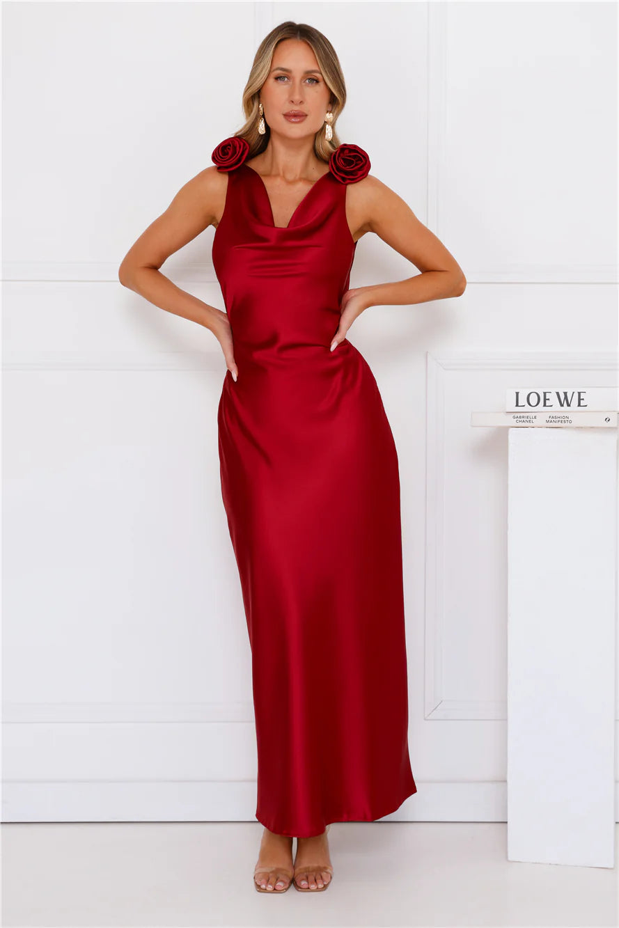 Burgundy 3D Flower Applique Cowl Neck Backless Satin Midi Evening Dresses