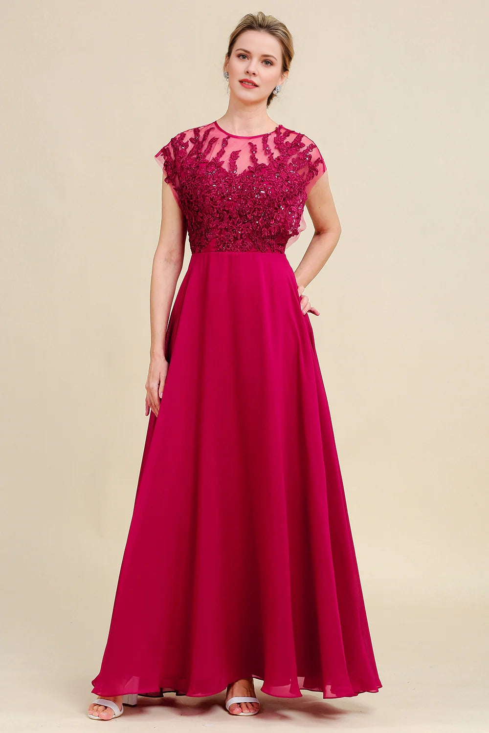 Burgundy A Line Beading Appliques Mother Of Bride Dress