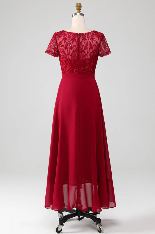 Burgundy A Line Sparkly Sequin Mother of Bride Dress with Appliques