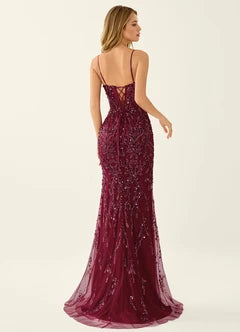 Burgundy Beaded Mermaid Lace Up Back Maxi Evening Dresses