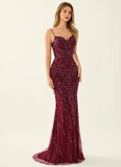 Burgundy Beaded Mermaid Lace Up Back Maxi Evening Dresses