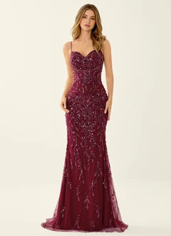Burgundy Beaded Mermaid Lace Up Back Maxi Evening Dresses