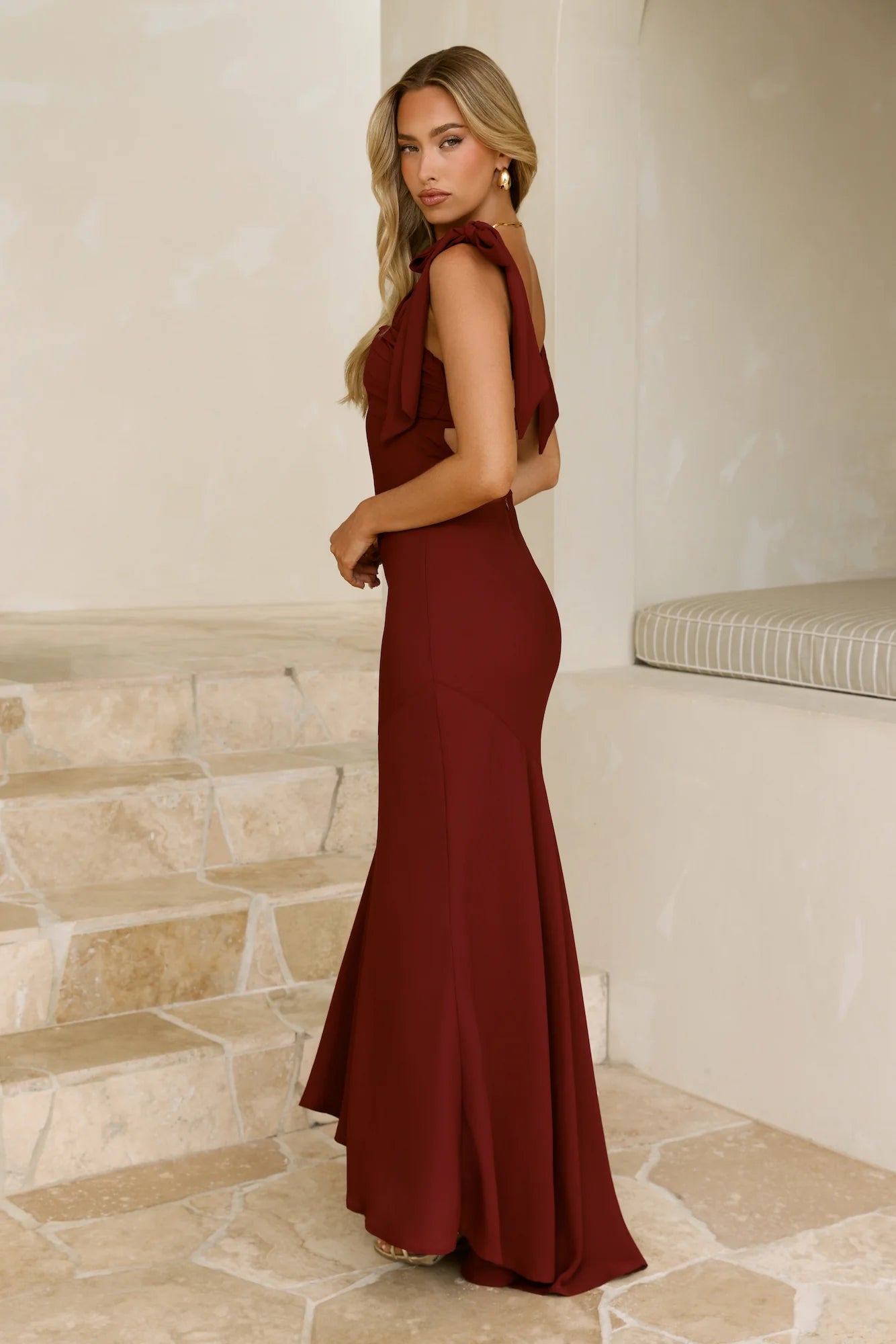 Burgundy Bow Shoulder Open Back Mermaid Maxi Dresses