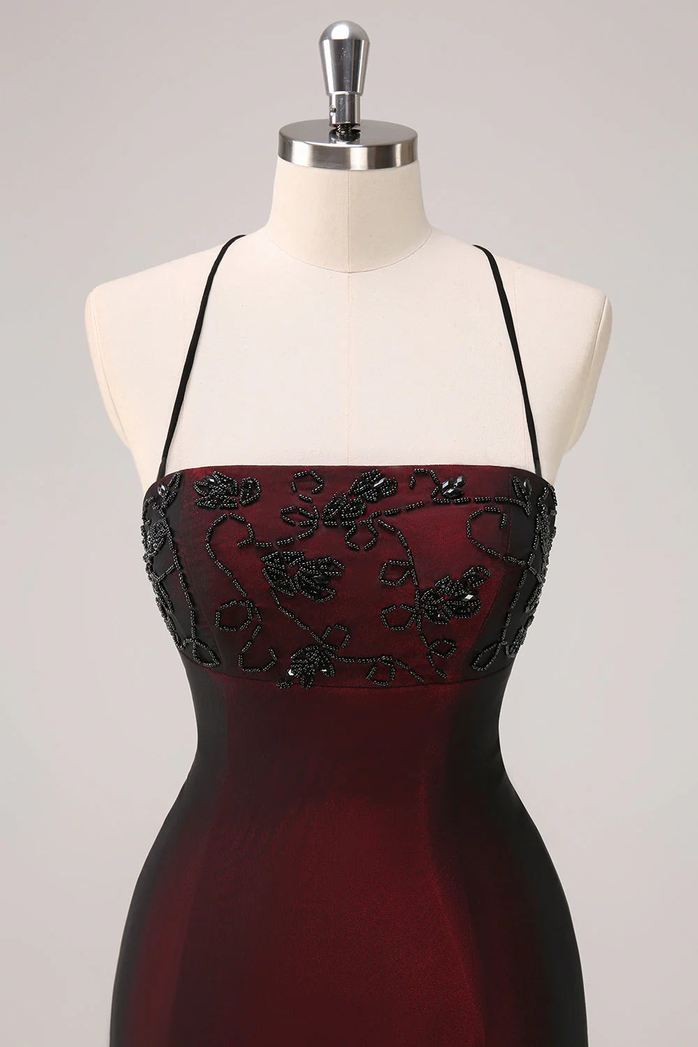 Burgundy Chiffon Beaded Lace-Up Back Halter Mermaid Evening Dresses