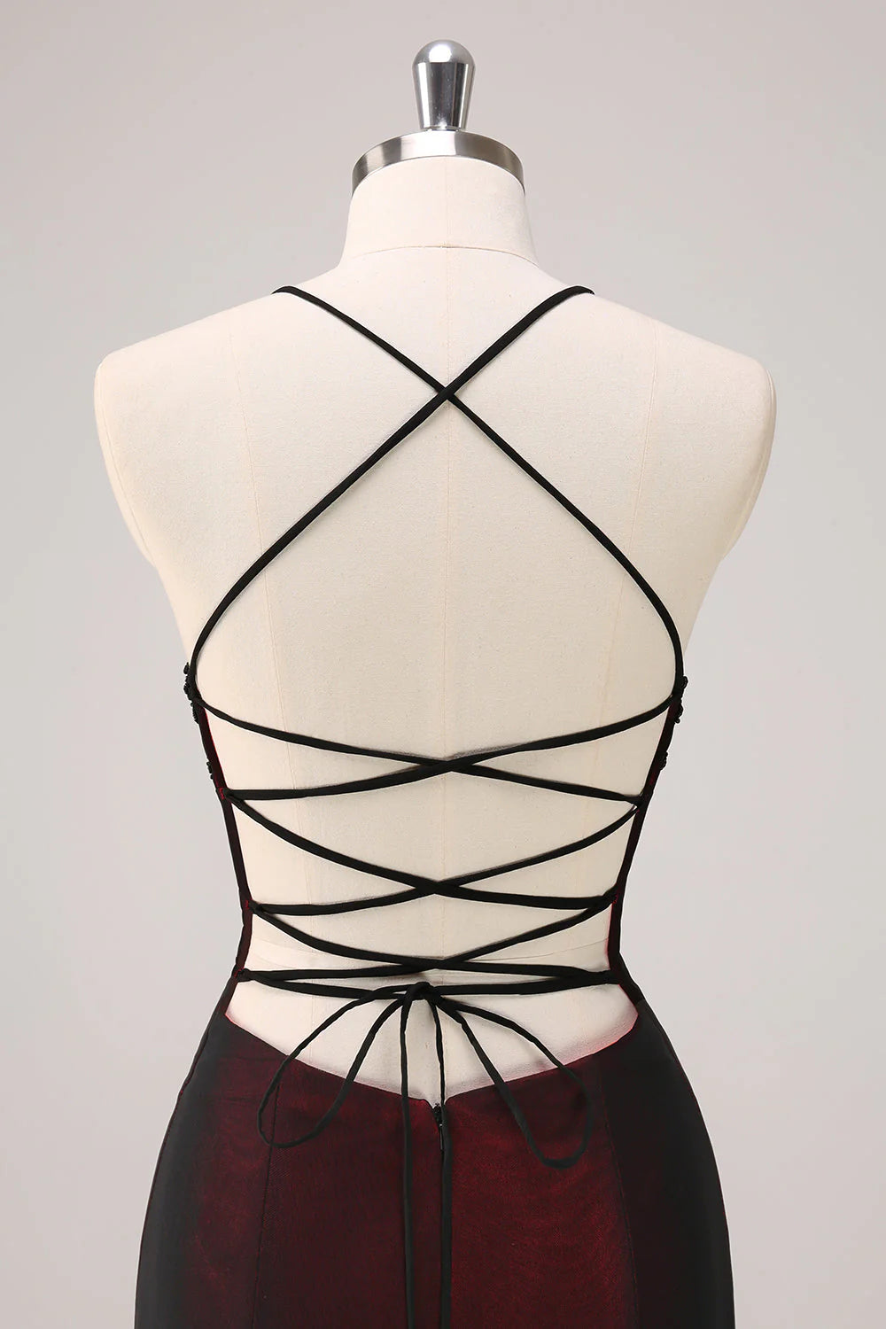 Burgundy Chiffon Beaded Lace-Up Back Halter Mermaid Evening Dresses