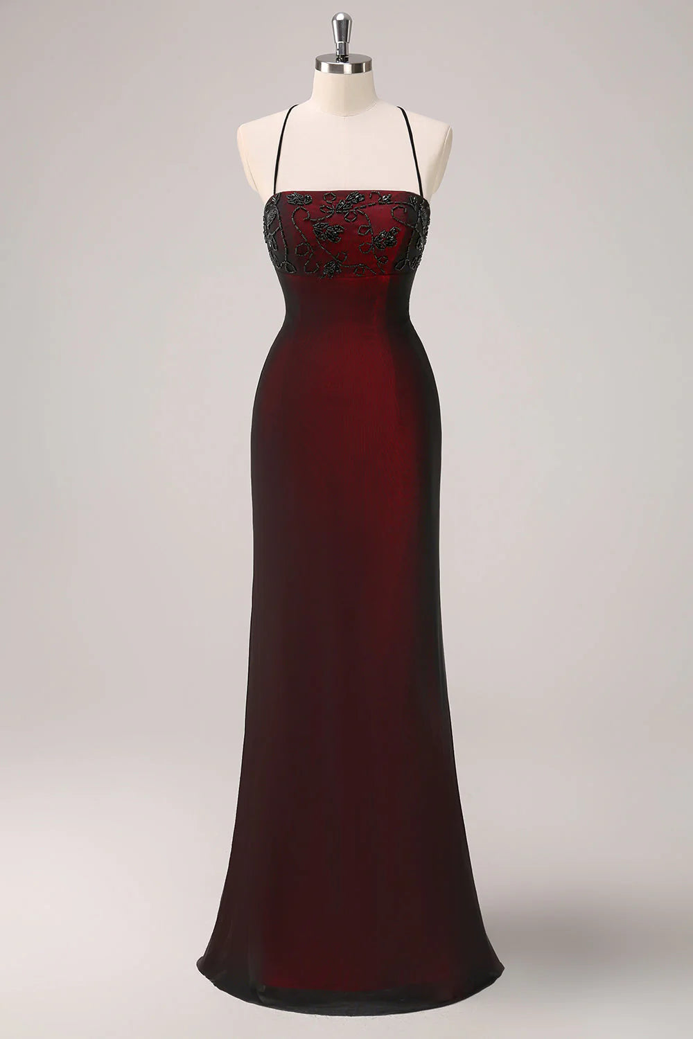 Burgundy Chiffon Beaded Lace-Up Back Halter Mermaid Evening Dresses