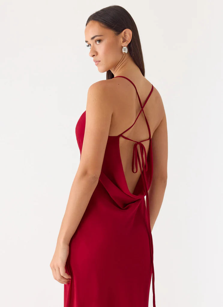 Burgundy Cowl Neck Lace-Up Back Satin Maxi Dresses