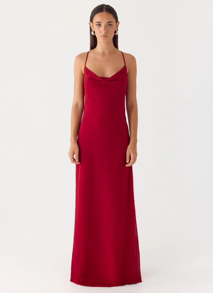 Burgundy Cowl Neck Lace-Up Back Satin Maxi Dresses