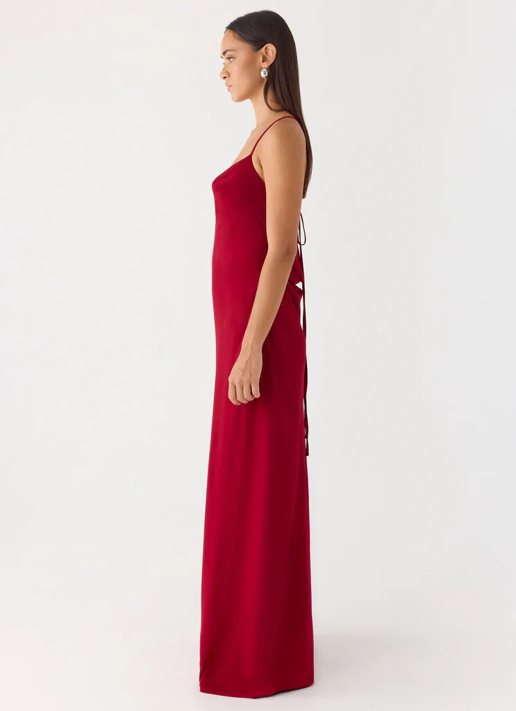 Burgundy Cowl Neck Lace-Up Back Satin Maxi Dresses