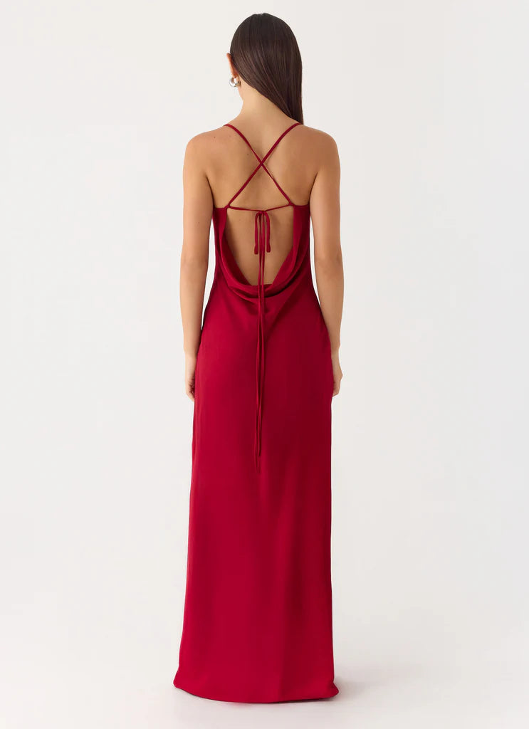 Burgundy Cowl Neck Lace-Up Back Satin Maxi Dresses