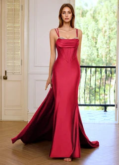 Burgundy Double Strap Cowl Neck Corset Mermaid Evening Dresses