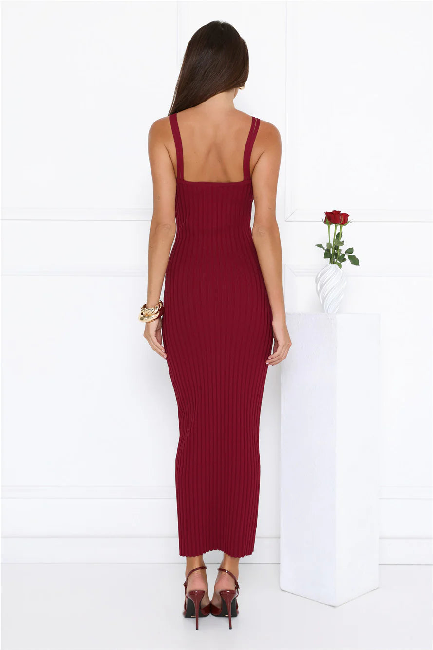 Burgundy Double Strap Ribbed Knit Bodycon Maxi Evening Dress