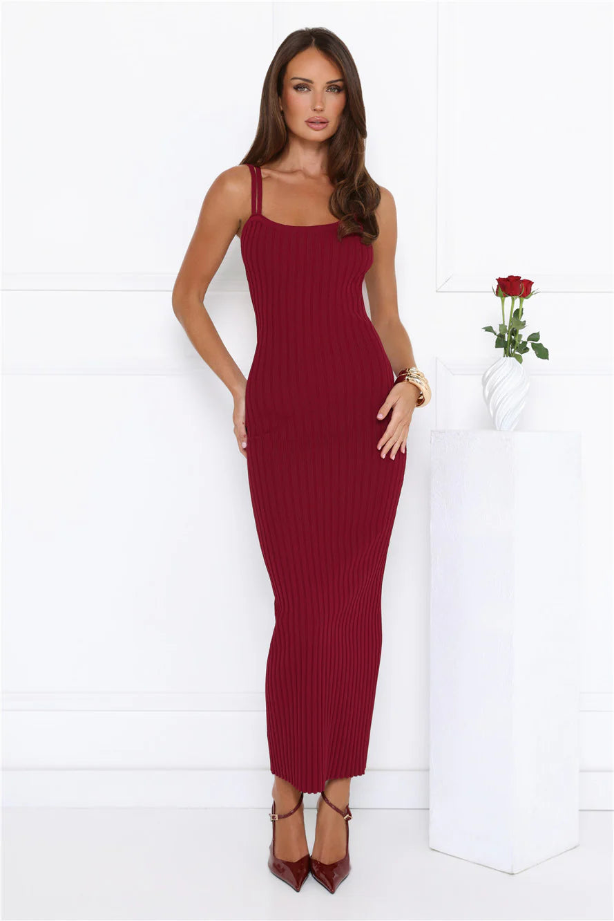 Burgundy Double Strap Ribbed Knit Bodycon Maxi Evening Dress
