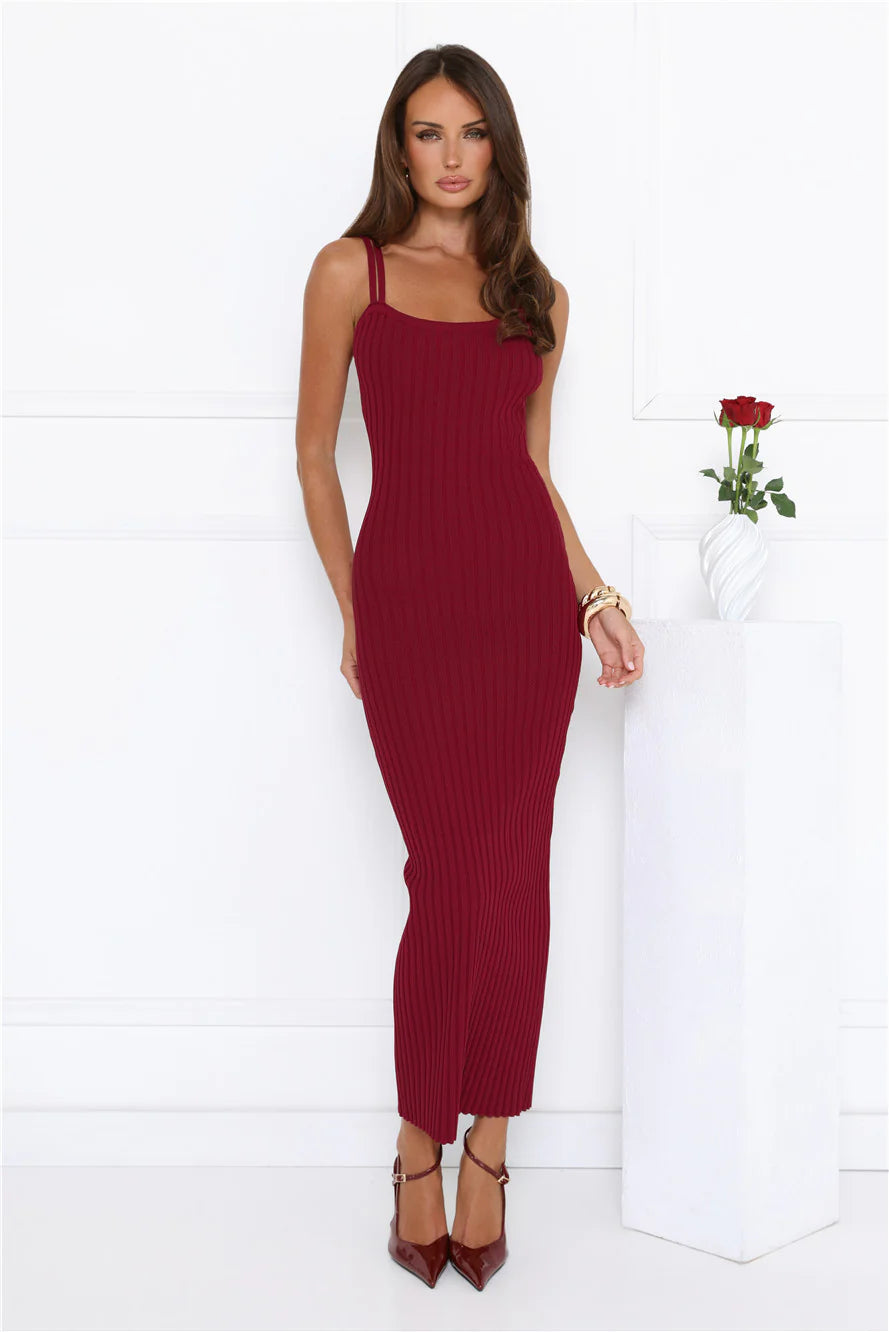 Burgundy Double Strap Ribbed Knit Bodycon Maxi Evening Dress