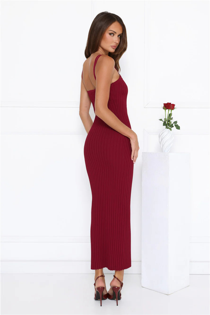 Burgundy Double Strap Ribbed Knit Bodycon Maxi Evening Dress