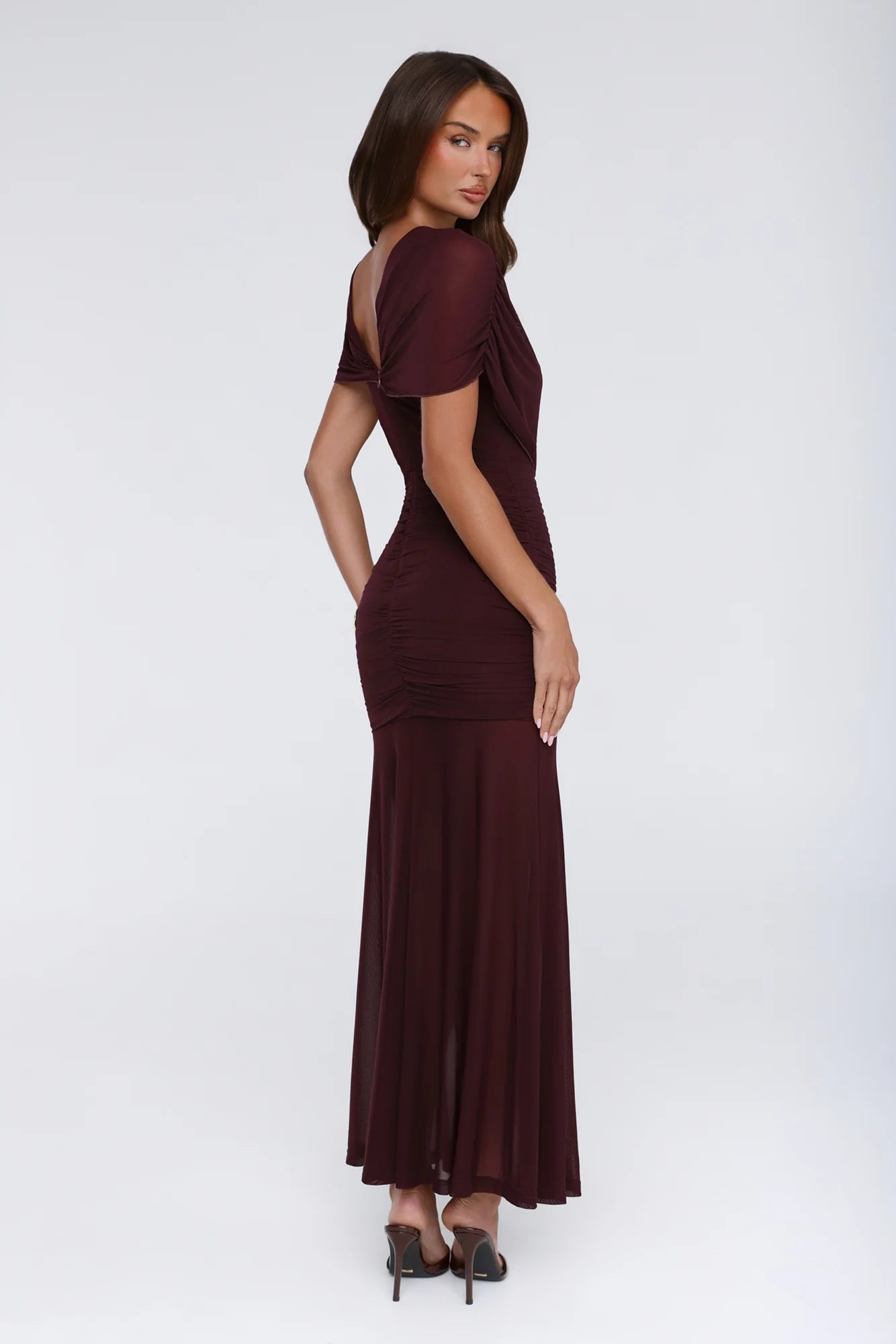 Burgundy Draped Ruched Mesh Short Sleeve Mermaid Evening Dresses