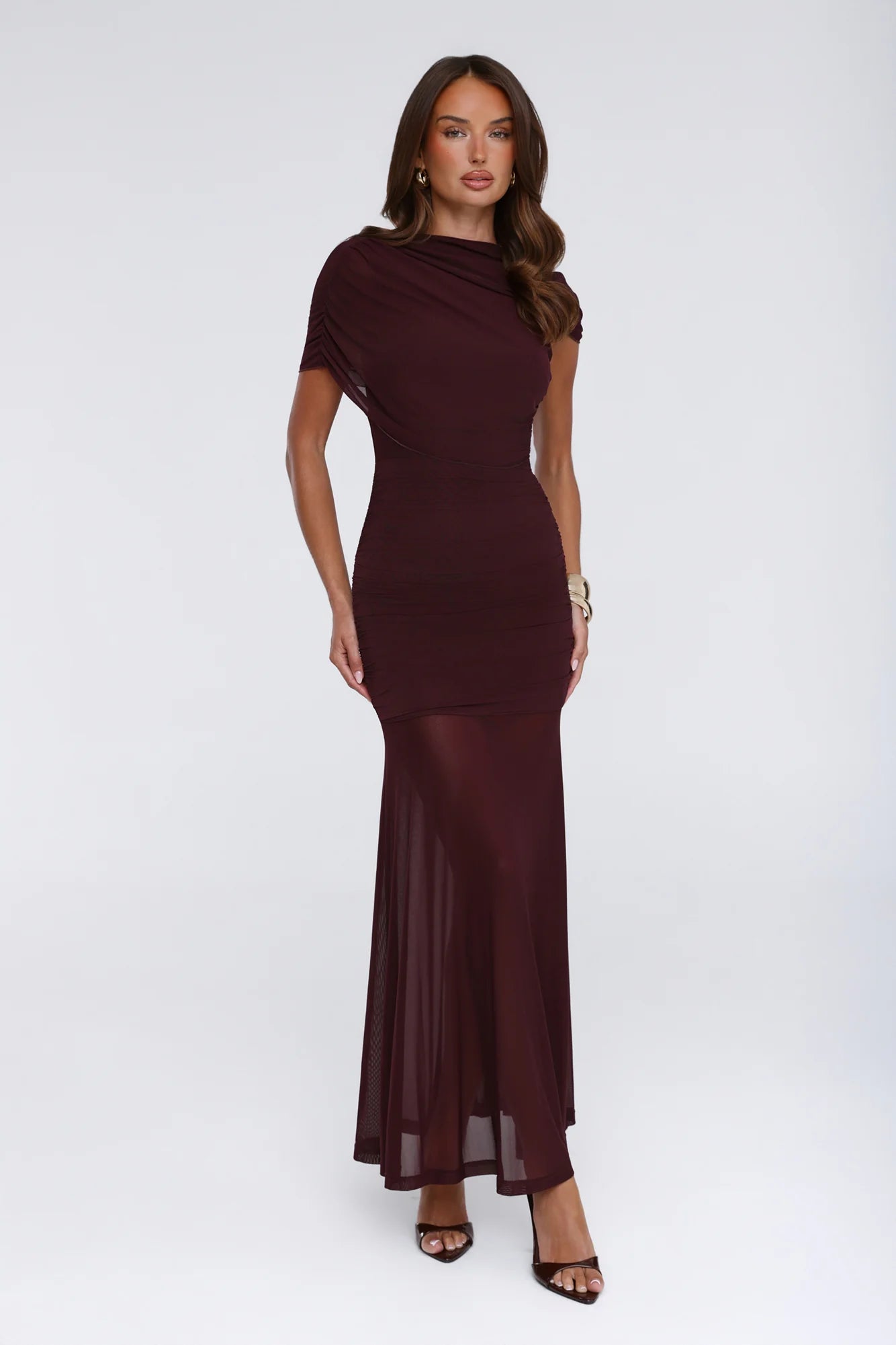 Burgundy Draped Ruched Mesh Short Sleeve Mermaid Evening Dresses