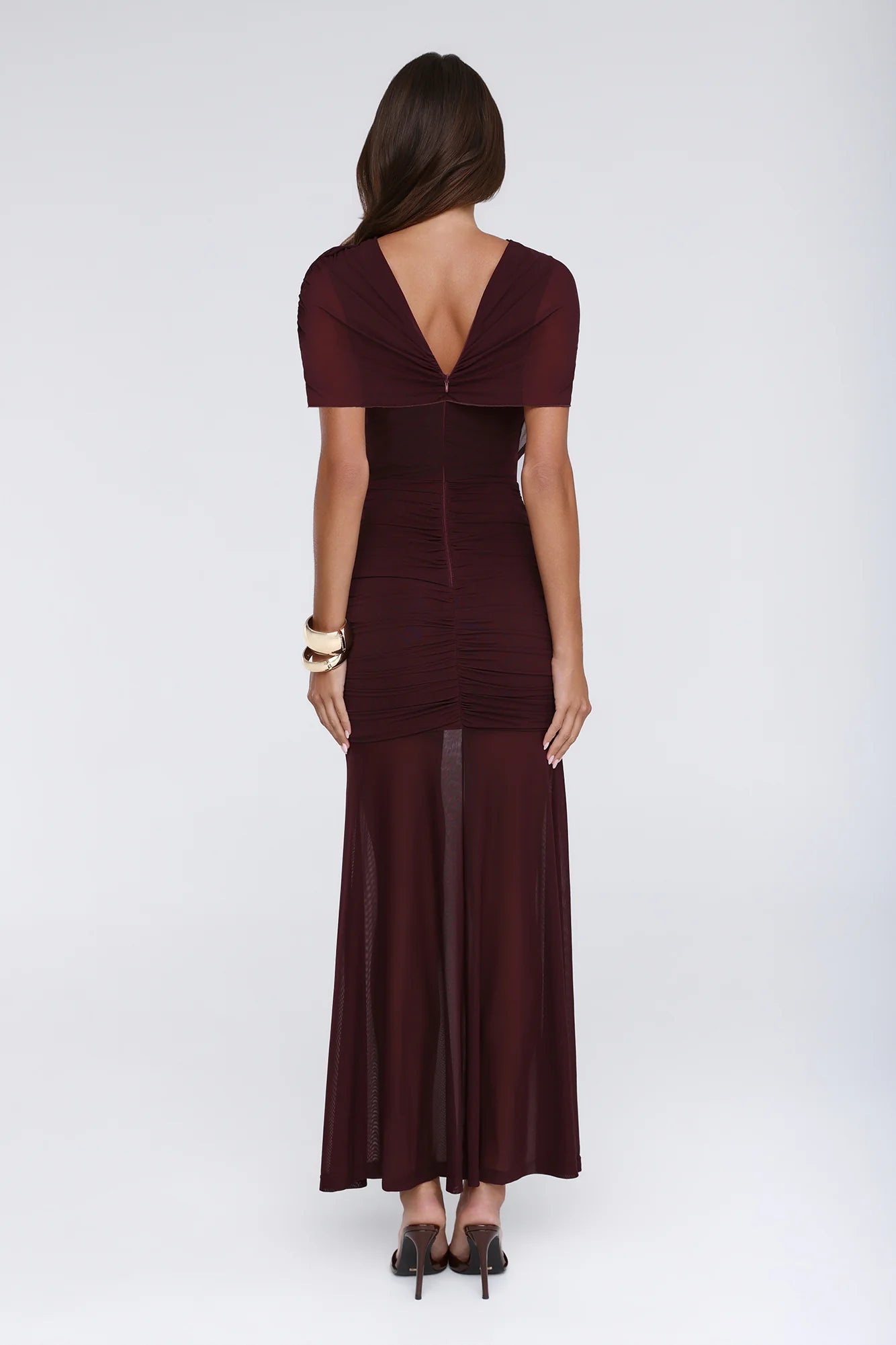 Burgundy Draped Ruched Mesh Short Sleeve Mermaid Evening Dresses