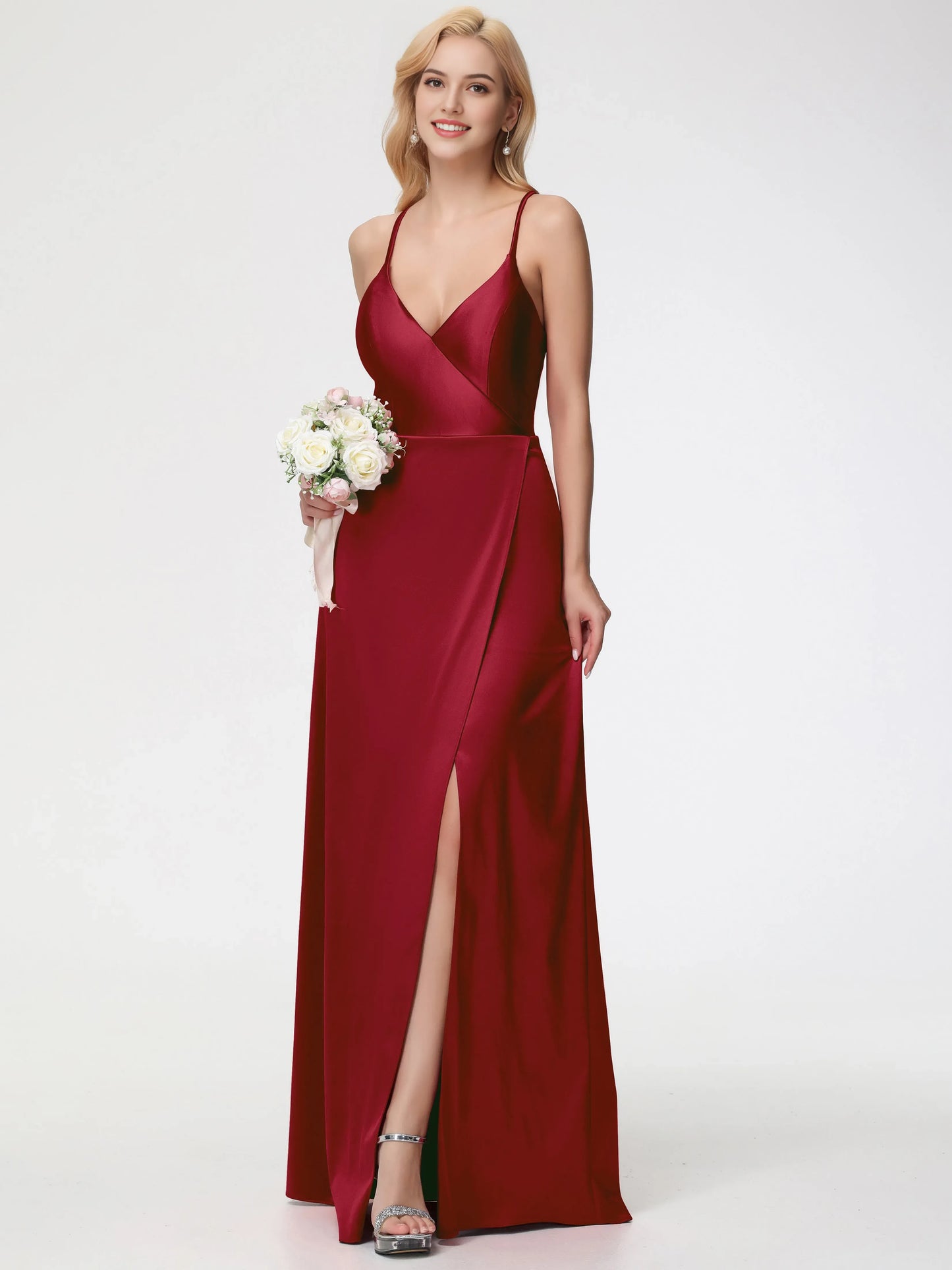 Burgundy Dresses Halter Straps V-Neck Lace Up Back Stretch Satin Prom Dress With Slit