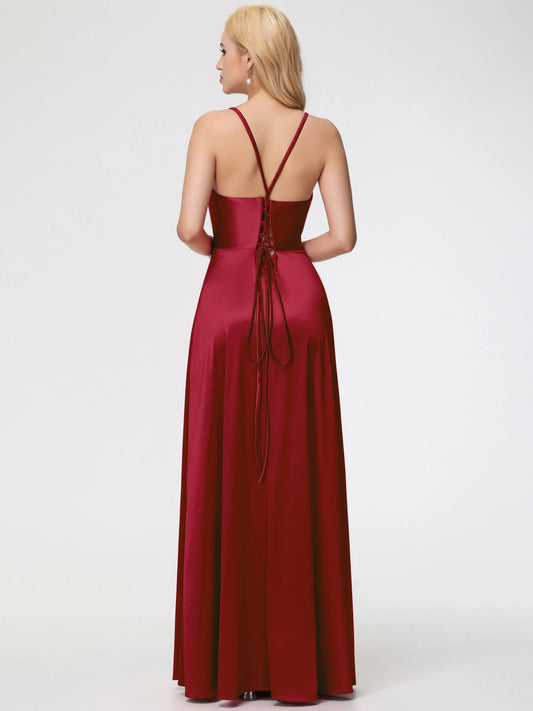 Burgundy Dresses Halter Straps V-Neck Lace Up Back Stretch Satin Prom Dress With Slit