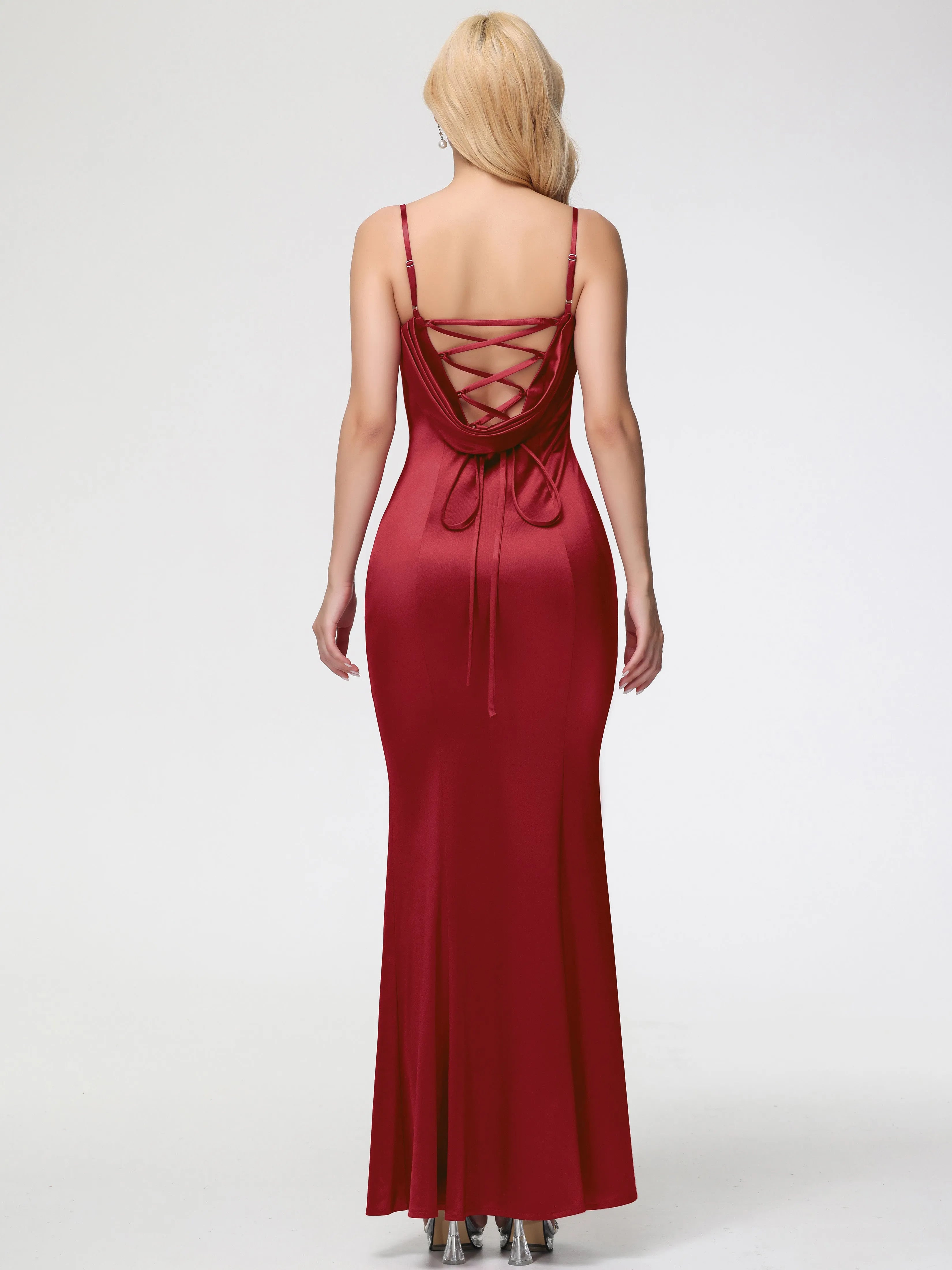Burgundy Dresses Trumpet/Mermaid Spaghetti Straps Sleeveless Satin Prom Dresses