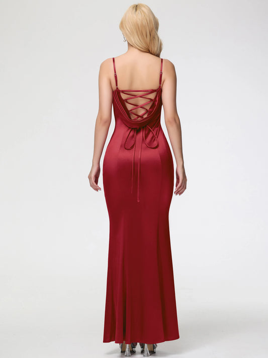Burgundy Dresses Trumpet/Mermaid Spaghetti Straps Sleeveless Satin Prom Dresses