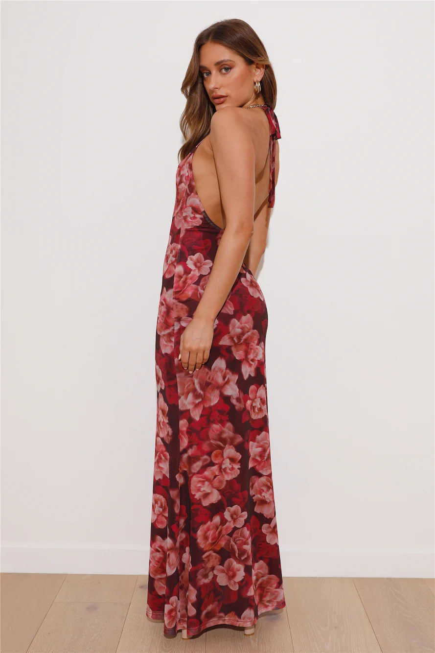 Burgundy Floral Halter Neck Cutout Maxi Evening Dresses