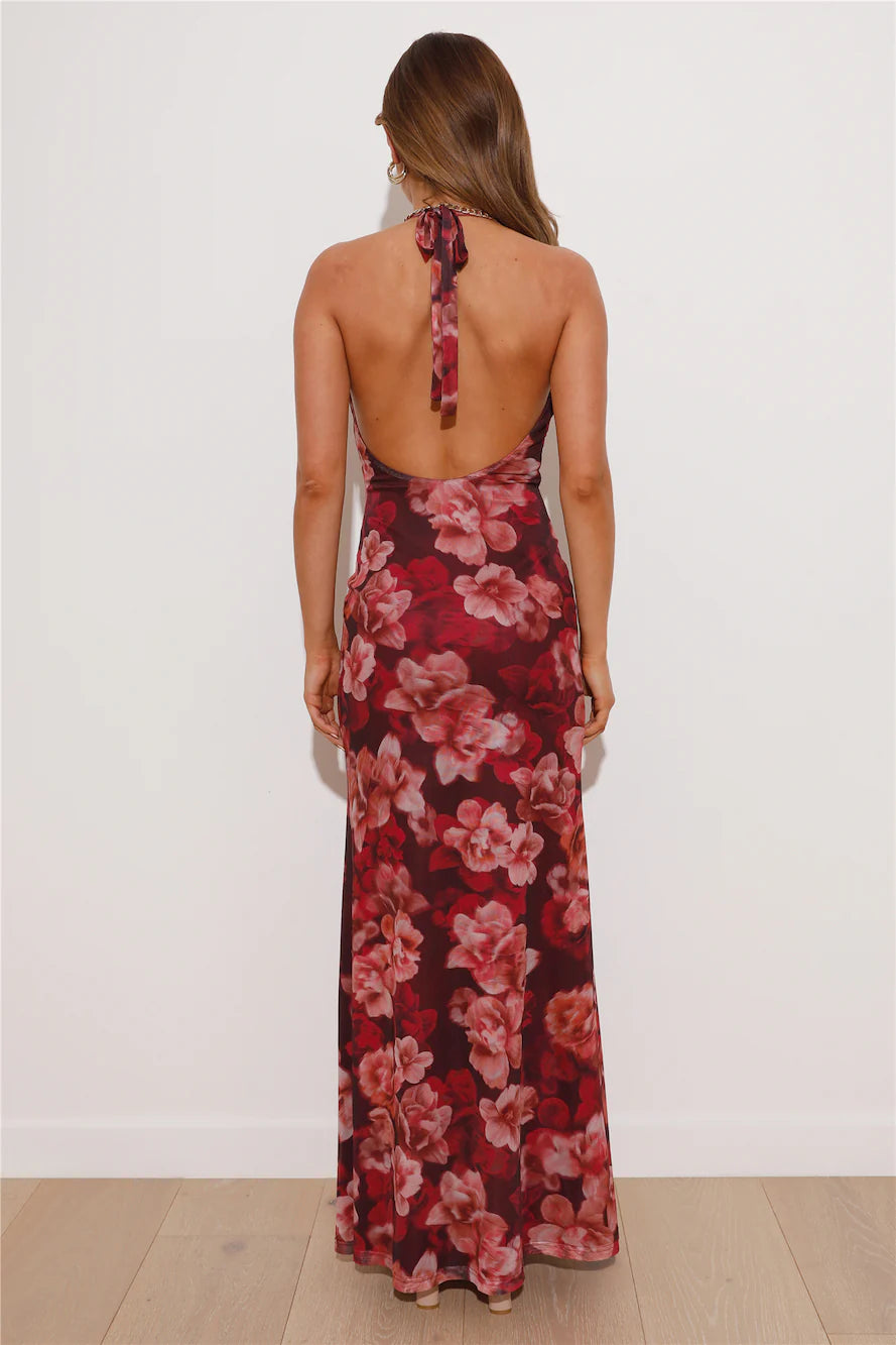 Burgundy Floral Halter Neck Cutout Maxi Evening Dresses