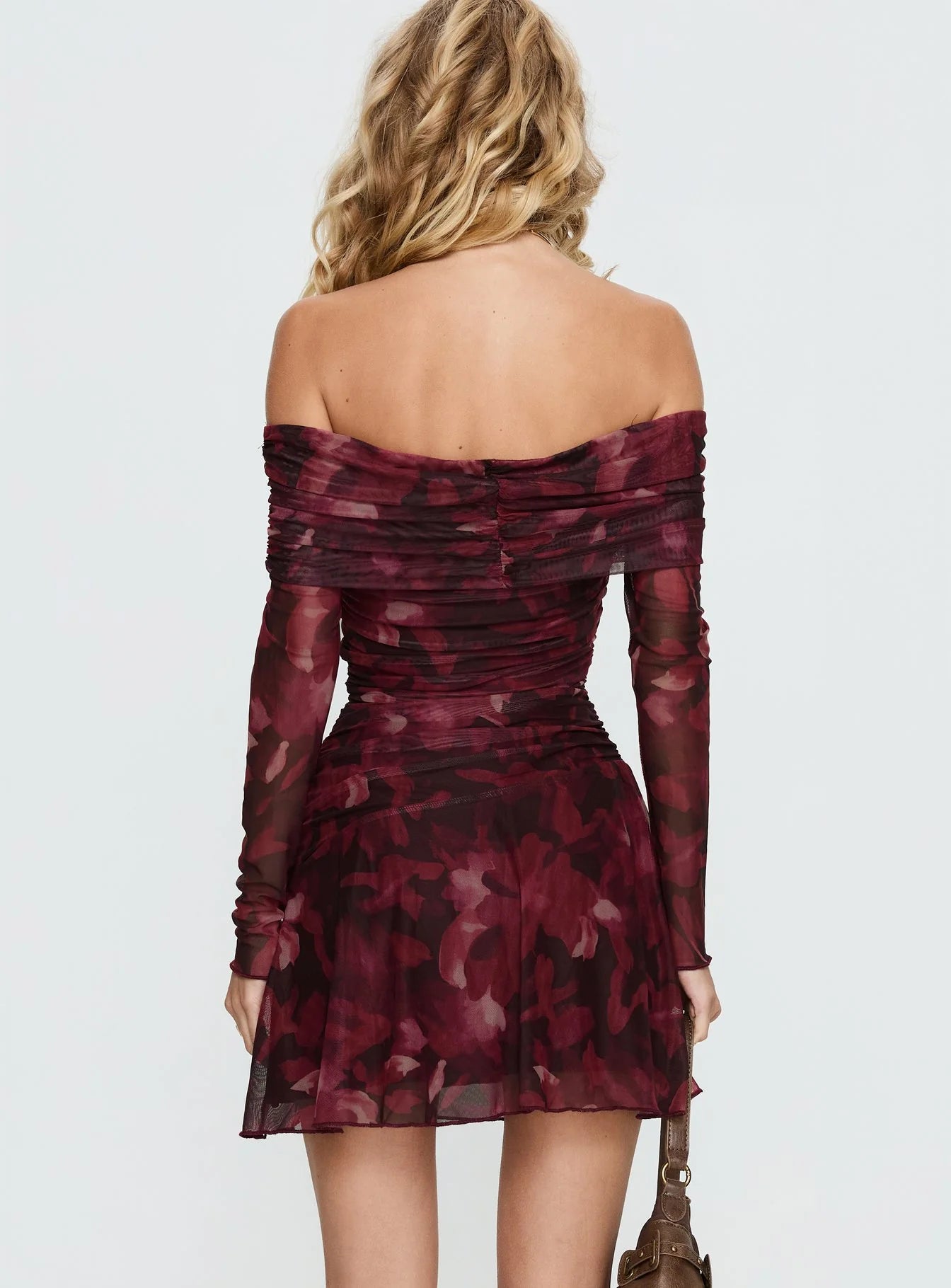 Burgundy Floral Mesh Off-the-Shoulder Homecoming Dresses