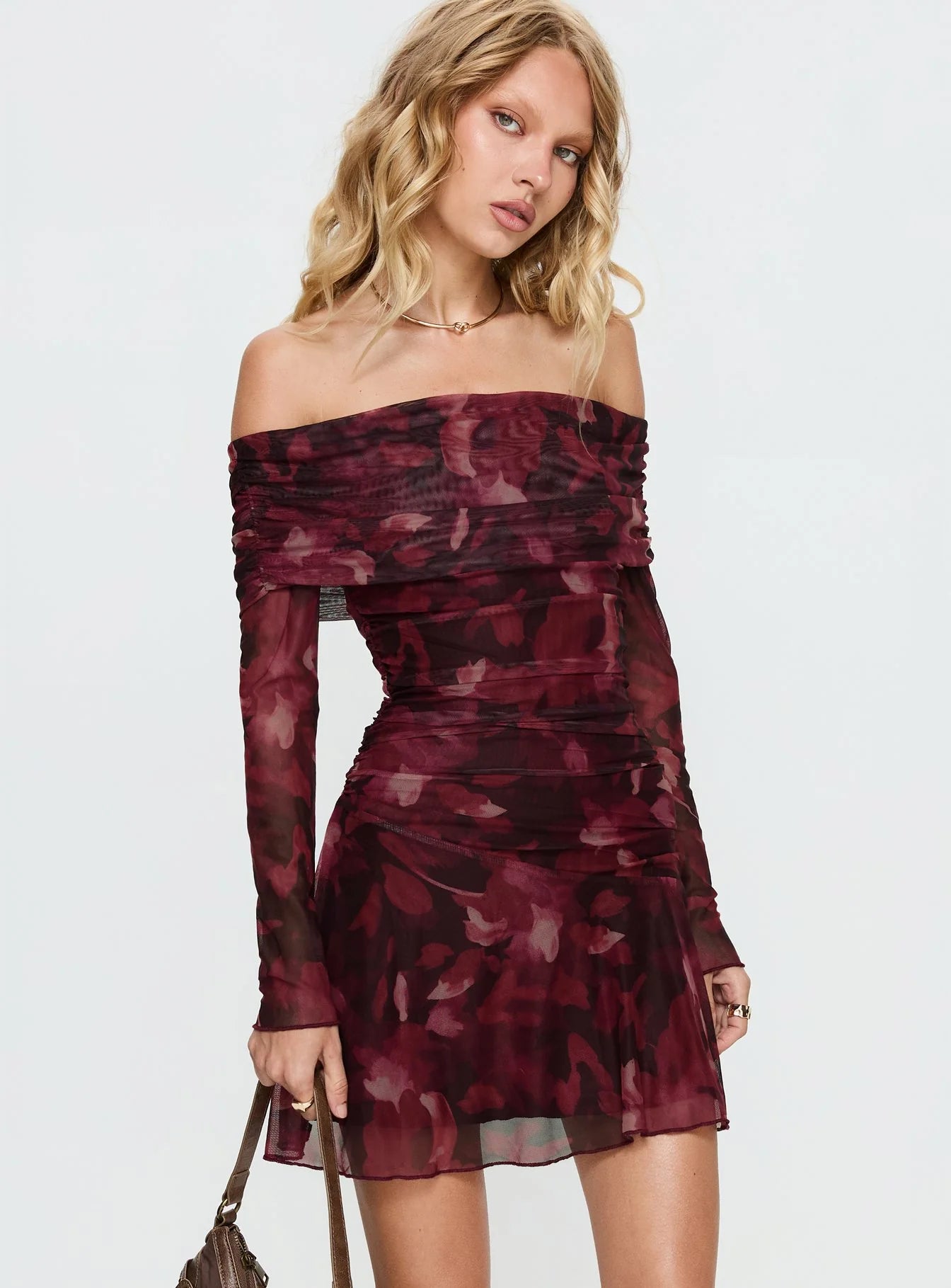 Burgundy Floral Mesh Off-the-Shoulder Homecoming Dresses