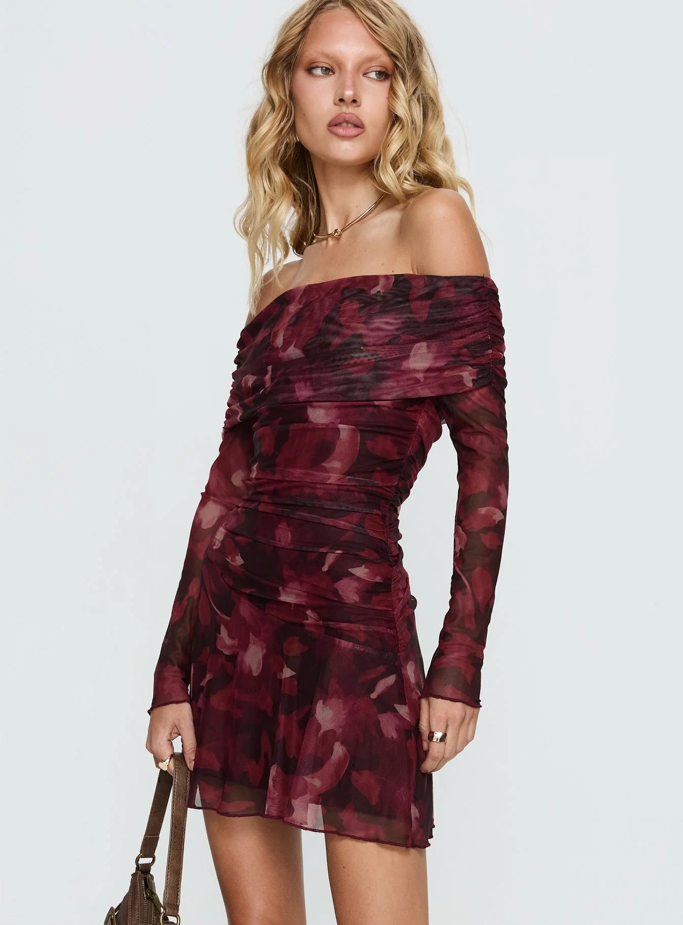 Burgundy Floral Mesh Off-the-Shoulder Homecoming Dresses