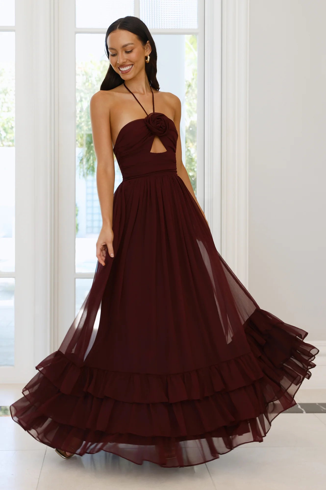 Burgundy Halter Neck 3D Rose Tiered Ruffle Chiffon Evening Dresses