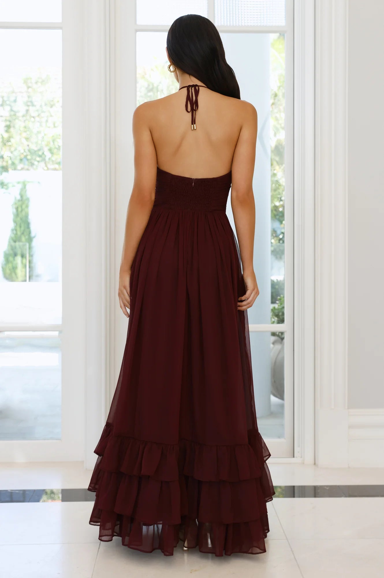 Burgundy Halter Neck 3D Rose Tiered Ruffle Chiffon Evening Dresses