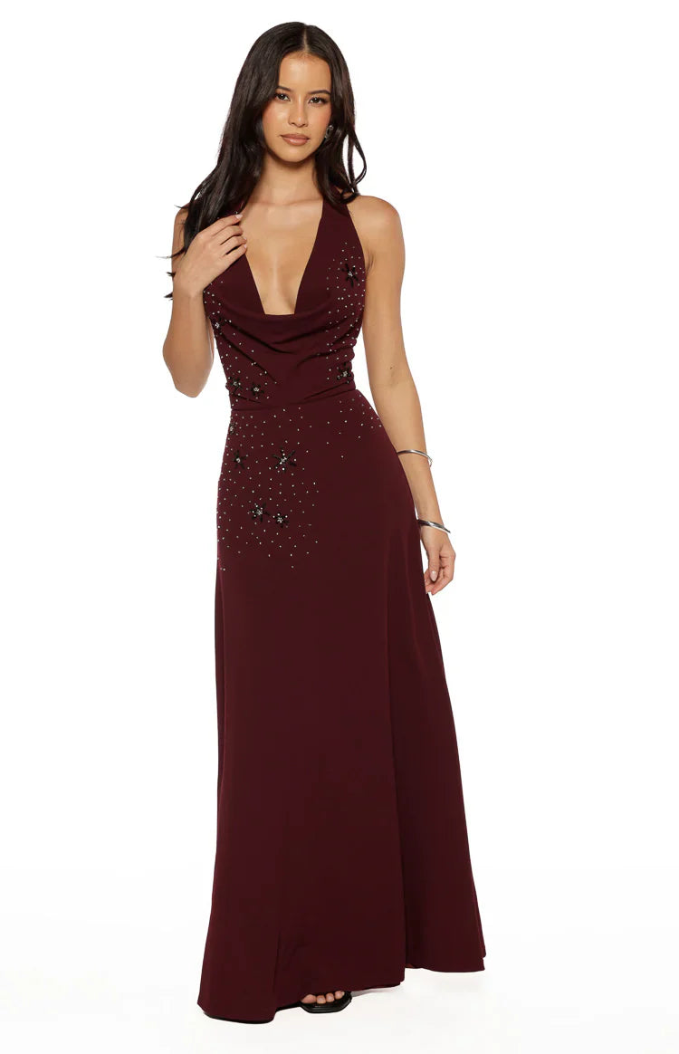 Burgundy Halter Neck Rhinestone-Embellished Open Back Evening Dresses
