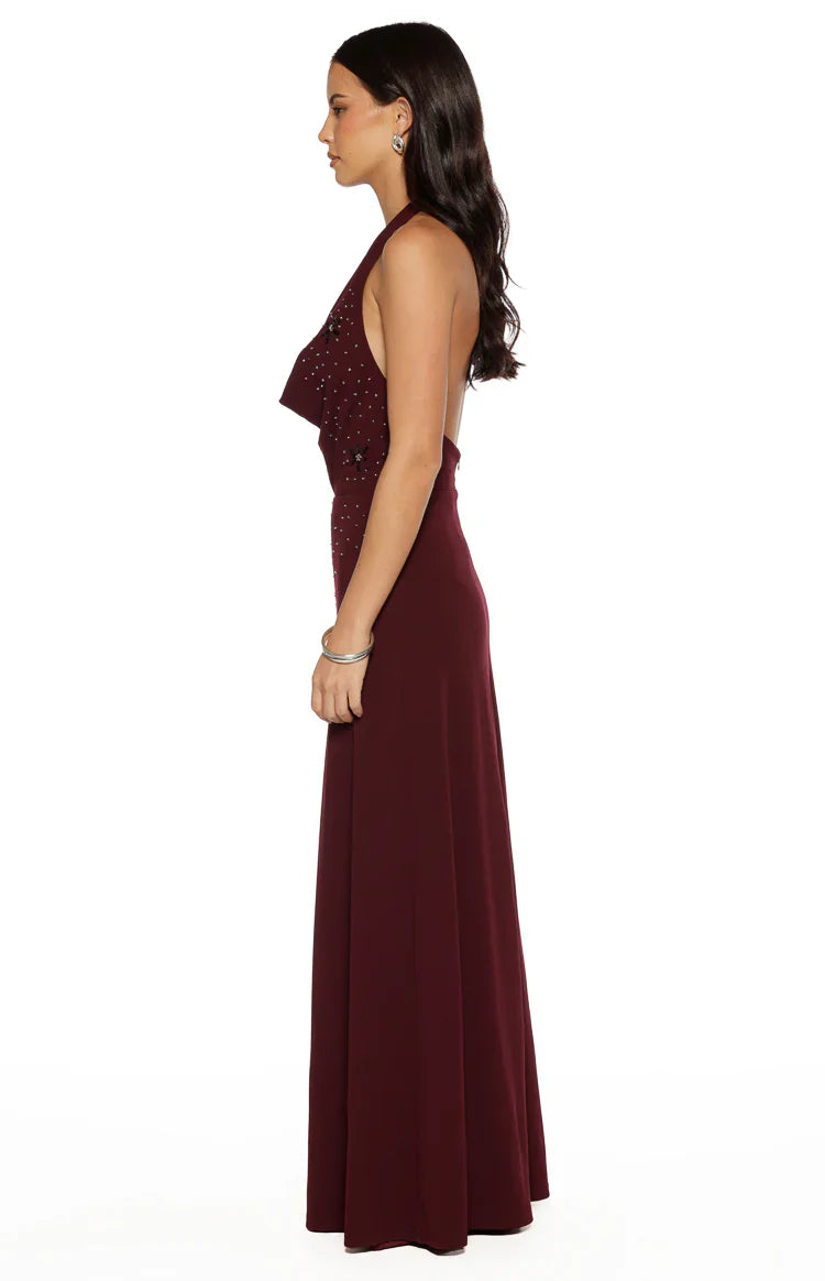 Burgundy Halter Neck Rhinestone-Embellished Open Back Evening Dresses