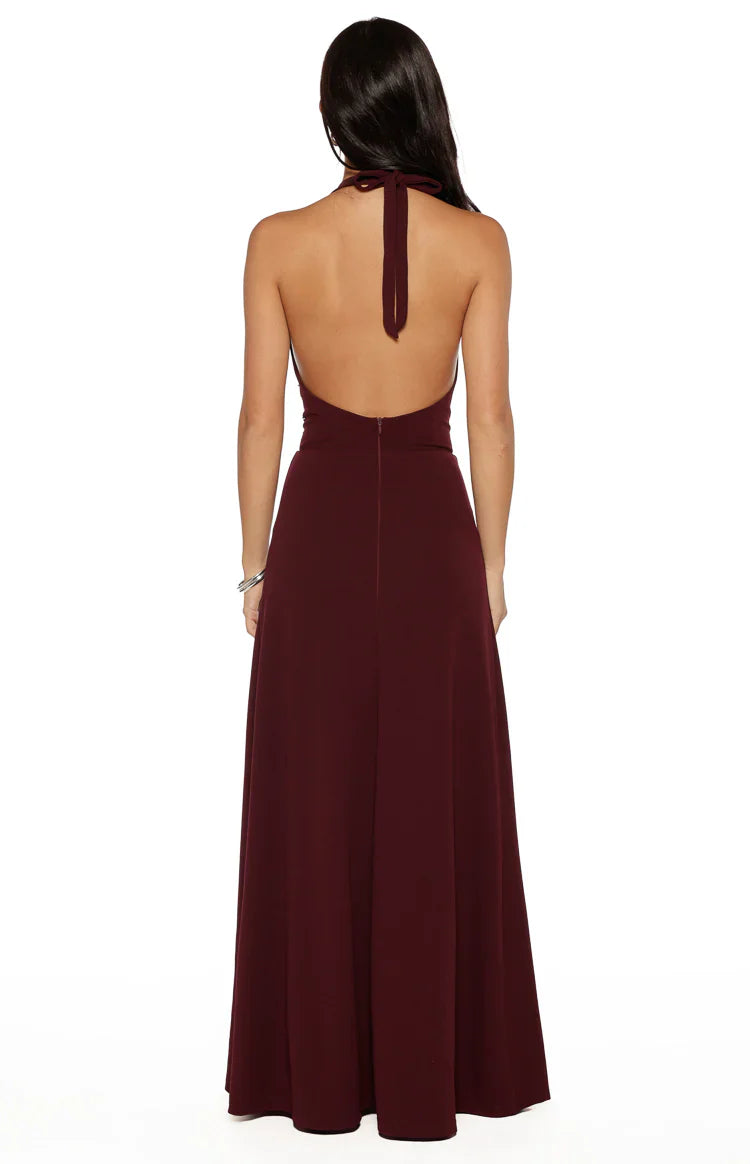 Burgundy Halter Neck Rhinestone-Embellished Open Back Evening Dresses