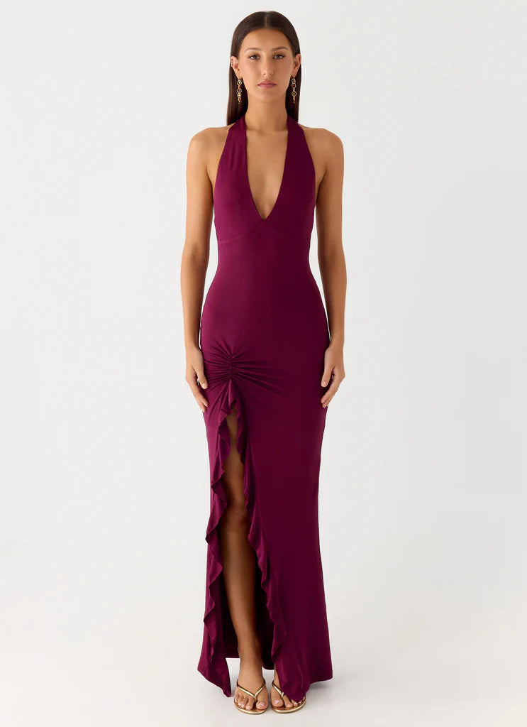 Burgundy Halter Neck Ruched Ruffle Maxi Prom Dress For Elegant Formal Evening Events