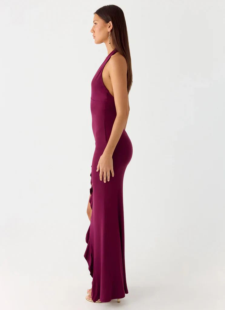 Burgundy Halter Neck Ruched Ruffle Maxi Prom Dress For Elegant Formal Evening Events