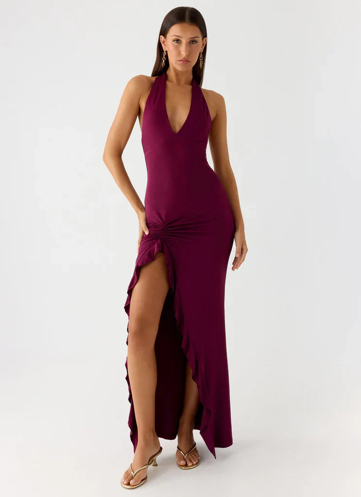 Burgundy Halter Neck Ruched Ruffle Maxi Prom Dress For Elegant Formal Evening Events