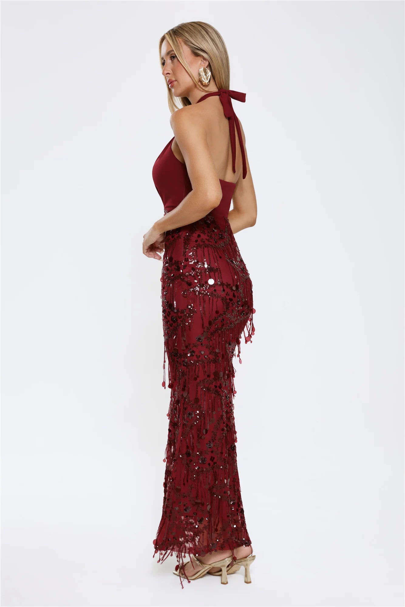 Burgundy Halter Neck Sequin Fringe Mermaid Evening Dress