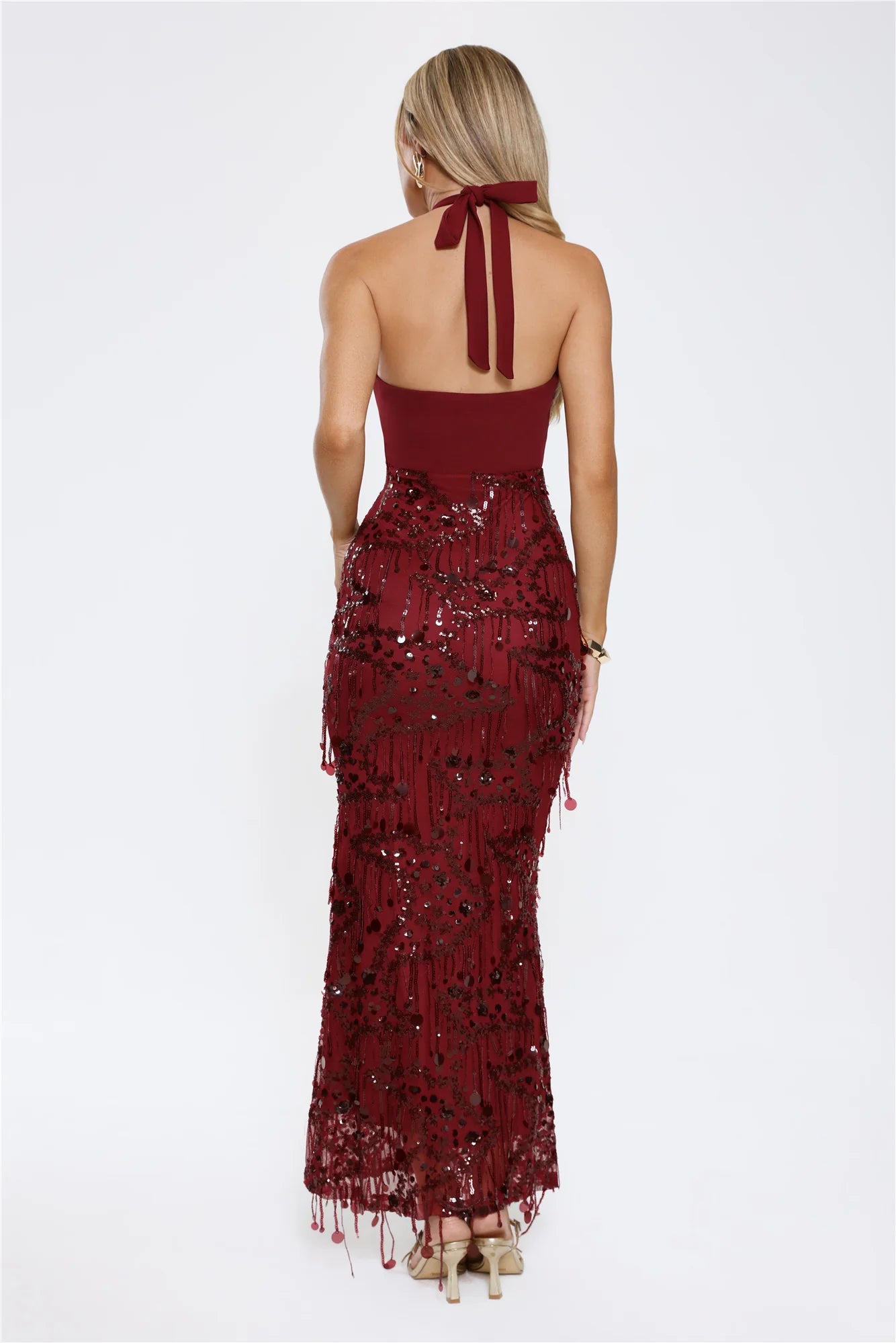 Burgundy Halter Neck Sequin Fringe Mermaid Evening Dress