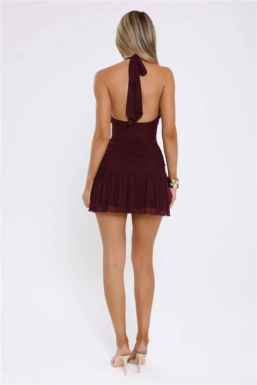 Burgundy Halter Ruched Homecoming Dresses