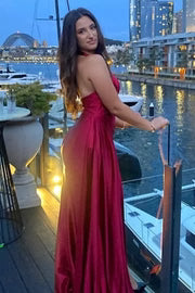 Burgundy Halter V-Neck Pleated Satin Formal Prom Dress with Slit