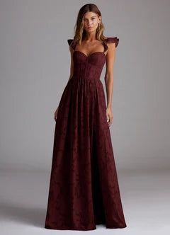 Burgundy Jacquard Ruffle Strap Sweetheart Neck High Slit Maxi Evening Dresses