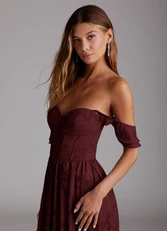 Burgundy Jacquard Ruffle Strap Sweetheart Neck High Slit Maxi Evening Dresses