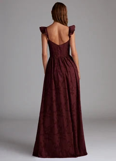 Burgundy Jacquard Ruffle Strap Sweetheart Neck High Slit Maxi Evening Dresses