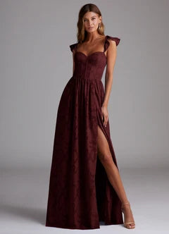 Burgundy Jacquard Ruffle Strap Sweetheart Neck High Slit Maxi Evening Dresses