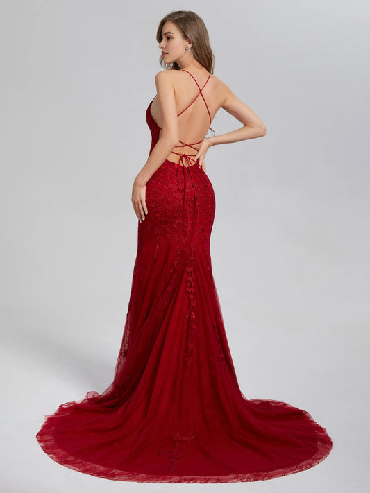 Burgundy Lace Mermaid Appliques Lace Prom Dress with Spaghetti Straps and Tulle Train